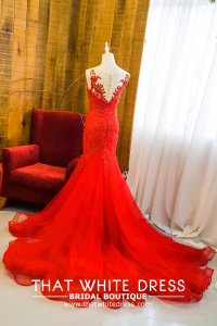 Evening Dress 910LLW04 Winona Red Spag strap deep V baroque trumpet c