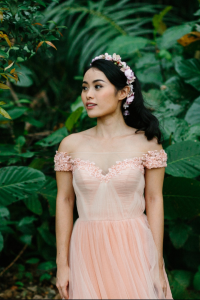 Evening Dress LL612E01 Blush Peach LL off shoulder Tulle A line Flora 11 Romantic wedding dress Malaysia, Church Wedding Malaysia, Long Sleeves Bridal Dress Malaysia Rental, 