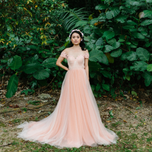 Evening Dress LL612E01 Blush Peach LL off shoulder Tulle A line Flora 9 Gaun Pengantin Kuala Lumpur Sewa, Petite Bride Dress Rental Malaysia, 