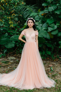 Evening Dress LL612E01 Blush Peach LL off shoulder Tulle A line Flora 9 Gaun Pengantin Kuala Lumpur Sewa, Petite Bride Dress Rental Malaysia, 