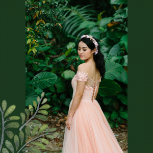 Evening Dress LL612E01 Blush Peach LL off shoulder Tulle A line Flora 2 Wedding Gown Designer Malaysia, Malay Bride Malaysia, Church Bride Malaysia, 