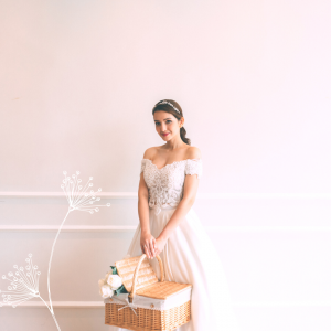 711LLW02 Jill 2 piece off shoulder bolero with silk satin wrap skirt 2 Wedding Ballgown rental Malaysia, French Chantilly Lace bridal dress custom make malaysia, 