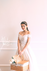 711LLW02 Jill 2 piece off shoulder bolero with silk satin wrap skirt 2 Wedding Ballgown rental Malaysia, French Chantilly Lace bridal dress custom make malaysia, 