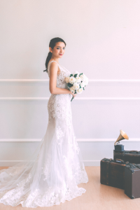 711LLW03 Mischa Boatneck illusion neckline in trumpet Alencon Chantilly lace 4 Full lace wedding dress malaysia, Petite Bridal Wedding Dress rental Kuala Lumpur, Sexy Wedding Gown Malaysia, 