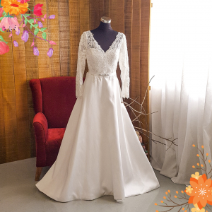 808BYWL01 Plus Latifa Cap Lace sleeves V neck A line Satin Skirt a Plus Size Bride Malaysia Dress Rental, 