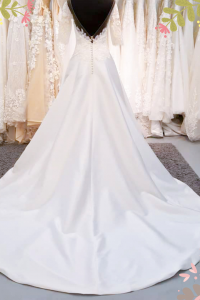 909BY05W04 Lara LS Duchess Satin A line 2 Long Sleeves Bridal Dress Malaysia Rental, French Lace wedding Dress rental Malaysia, 