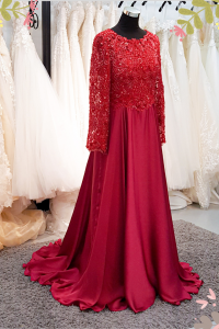 909LLEL01 Umie Maroon LS Chiffon Lace 3 Plus size Bride Event Reception Dinner Dress rental Malaysia