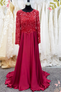 909LLEL01 Umie Maroon LS Silk Chiffon Lace 1 Plus size Bride Pengantin besar sewa Kuala Lumpur