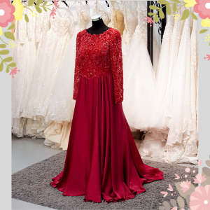 909LLEL01 Umie Maroon LS Chiffon Lace 2 Long Sleeves Wedding Dress Rental Kuala Lumpur, French Lace wedding Dress rental Malaysia, 