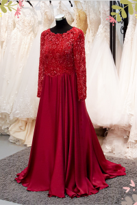 909LLEL01 Umie Maroon LS Chiffon Lace 2 Long Sleeves Wedding Dress Rental Kuala Lumpur, French Lace wedding Dress rental Malaysia, 