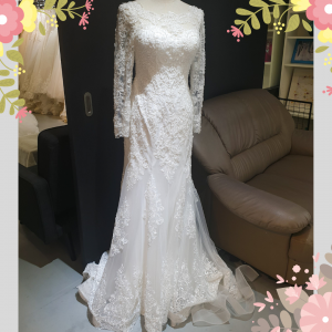 910LLW06 Carla LS boat neck trumpet Alencon Long Sleeves Wedding Dress Rental Kuala Lumpur, French Lace wedding Dress rental Malaysia, 