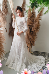 710LLW03 LL Melyssa illusion long sleeves boat neck wedding dress Alencon lace A line 9