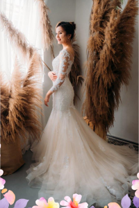 75LLW03 LL Amie Long Sleeves Illusion Bodice Light Beige Trumpet Button Back 6 Mermaid wedding dress,Church Bride Malaysia, Bridal Dress rental Petaling Jaya, Wedding Gown Designer Malaysia, 