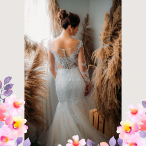 75LLW03 LL Amie Long Sleeves Illusion Bodice Light Beige Trumpet Button Back 7 Mermaid wedding dress,Full lace wedding dress malaysia, Petite Wedding Gown rental Kuala Lumpur, Church Wedding Malaysia, 