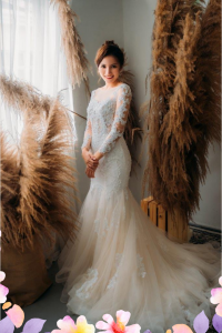 75LLW03 LL Amie Long Sleeves Illusion Bodice Light Beige Trumpet Button Back 4 Mermaid wedding dress,Church wedding dress long Sleeves Malaysia, Bridal Dress Rental Malay Kuala Lumpur Rental, Wedding Dress Rental Minimalist Malaysia, 