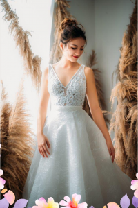 812BY02W03 Maryssa  Strap V neck illusion bodice satin sheath 1 Princess Wedding Gown Malaysia, Petite Bridal Wedding Dress rental Kuala Lumpur, 