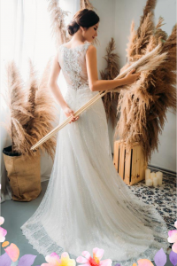 906BY04W01 Carina Deep V illusion back A line stripes 3 Sexy Wedding Gown Malaysia, Romantic wedding dress Malaysia, Garden wedding reception Malaysia, 