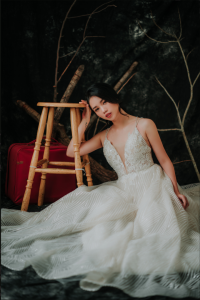 201RYW02 Olivia Champagne Spag Geometry A line 1 Bridal event wedding dress reception rental custom make