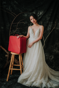 201RYW02 Olivia Champagne Spag Geometry A line 5 Bride Wedding Event Reception Dinner Dress rental Malaysia