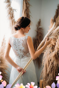 906BY04W01 Carina Deep V illusion back A line stripes 2 Mermaid wedding dress,Full lace wedding dress malaysia, Petite Wedding Gown rental Kuala Lumpur, Church Wedding Malaysia, 