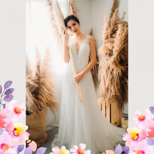 906BY04W01 Carina Deep V illusion back A line stripes 4 ROM wedding dress rental Malaysia, Simple wedding dress malaysia, ROM wedding gown Kuala Lumpur, Garden wedding reception Malaysia, 