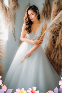 906BY04W04 Harina Deep V scallops A line tulle 5 Wedding Ballgown rental Malaysia, French Chantilly Lace bridal dress custom make malaysia, 