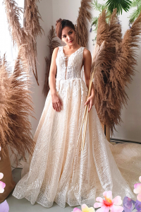 906LLE01 Ghrisha Champagne Floral A line V neck V back 5 (2) Bride Wedding Gown Premium Designer Malaysia rental