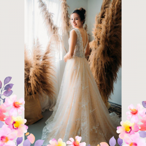 906LLE01 Ghrisha Champagne Floral A line V neck V back 6 Wedding Gown Designer Malaysia, Malay Bride Malaysia, Church Bride Malaysia, 