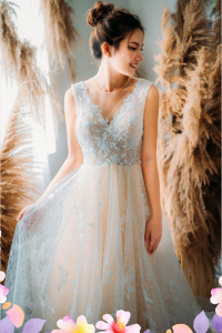 906LLE01 Ghrisha Champagne Floral A line V neck V back 3Bride Wedding Gown Premium Designer Malaysia rental