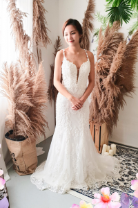 906LLW01 Chrisha Spaghetti Strap Baroque trumpet 12 French Chantilly Lace bridal dress custom make malaysia, Full lace wedding dress malaysia, Simple wedding dress malaysia, ROM wedding gown Kuala Lumpur, 