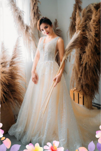 908XNW03 Yazmin Champagne V neck Strap A line 3 Princess Wedding Gown Malaysia, Bridal Dress Rental Malay Kuala Lumpur Rental, 