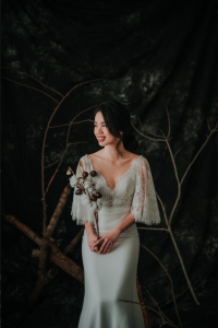 909BY05W01 Clara Cape sleeves chantily lace sheath crepe V neck 4 Wedding Dress Rental Minimalist Malaysia, Crepe Wedding Dress Rental Kuala Lumpur, Satin Wedding Dress Rental Kuala Lumpur, ROM wedding gown Kuala Lumpur, Simple wedding dress malaysia, 