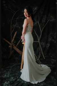 909BY05W01 Clara Cape sleeves chantily lace sheath crepe V neck 7 Wedding Dress Rental Minimalist Malaysia, Crepe Wedding Dress Rental Kuala Lumpur, Satin Wedding Dress Rental Kuala Lumpur, ROM wedding gown Kuala Lumpur, Simple wedding dress malaysia, 