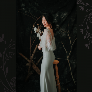 909BY05W01 Clara Cape sleeves chantily lace sheath crepe V neck 1 ROM wedding dress rental Malaysia, Simple wedding dress malaysia, ROM wedding gown Kuala Lumpur, Garden wedding reception Malaysia, 