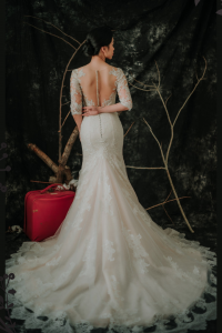 909BY05W02 Dara LS Beige trumpet Guipure lace 6 Long Sleeves Wedding Dress Rental Malaysia, Pengantin Muslimah Malaysia, Muslim Bride Malaysia, Church wedding dress long Sleeves Malaysia, 