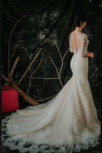 909BY05W02 Dara LS Beige trumpet Guipure lace 3 Long Sleeves Wedding Dress Rental Malaysia, Pengantin Muslimah Malaysia, Muslim Bride Malaysia, Church wedding dress long Sleeves Malaysia, 