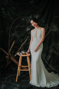 910BY05W01 Carrie Halter Neck Crepe trumpet  V neck 9 ROM wedding dress rental Malaysia, Simple wedding dress malaysia, ROM wedding gown Kuala Lumpur, Garden wedding reception Malaysia, 