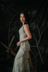 910LLW01 Finona Champagne sequined mermaid with lace with pleated straps 5 Bridal event wedding dress reception rental custom make