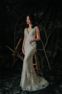 910LLW01 Finona Champagne sequined mermaid with lace with pleated straps 6 Bridal event wedding dress reception rental custom make