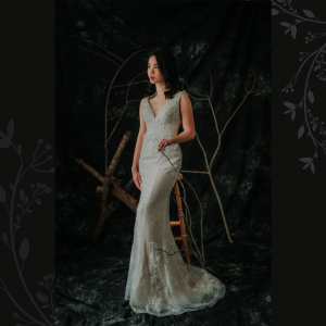 910LLW01 Finona Champagne sequined mermaid with lace with pleated straps 6 Bridal event wedding dress reception rental custom make