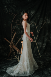 910LLW01 Finona Champagne sequined mermaid with lace with pleated straps 3 Bride Wedding Event Reception Dinner Dress rental Malaysia