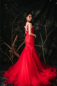 910LLW04 Winona Red Spag strap deep V baroque trumpet 3 Bride Wedding Event Reception Dinner Dress rental Malaysia