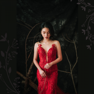 910LLW04 Winona Red Spag strap deep V baroque trumpet 5 Bridal event wedding dress reception rental custom make