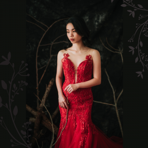 910LLW04 Winona Red Spag strap deep V baroque trumpet 4 Bridal event wedding dress reception rental custom make