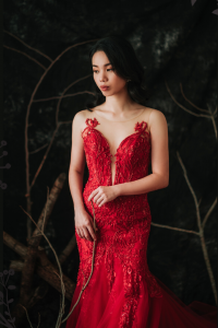 910LLW04 Winona Red Spag strap deep V baroque trumpet 4 Bridal event wedding dress reception rental custom make