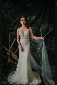 201RYW01 Mia Champagne Spag Geometry Trumpet 3 Garden Wedding Malaysia, Beach Wedding Malaysia, Petite Wedding Gown rental Kuala Lumpur, 