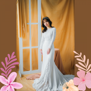 211BY10W03 Isabelle LS Sheath Crepe Scallop top a Long Sleeves Wedding Dress Rental Malaysia, Pengantin Muslimah Malaysia, Muslim Bride Malaysia, Church wedding dress long Sleeves Malaysia, 