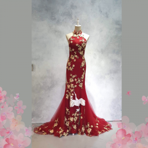 219EL01E04 Ray Cheongsam Red Crane Halter 8 Oriental Cheong Sam Qi Pao rental Malaysia Kuala Lumpur Petaling Jaya
