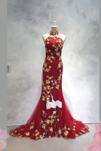 219EL01E04 Ray Cheongsam Red Crane Halter 8 Oriental Cheong Sam Qi Pao rental Malaysia Kuala Lumpur Petaling Jaya