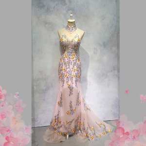 2210EL06E04 Kayla Cheongsam Pink with Pink floral Oriental Cheong Sam Qi Pao rental Malaysia Kuala Lumpur Petaling Jaya Evening Dress